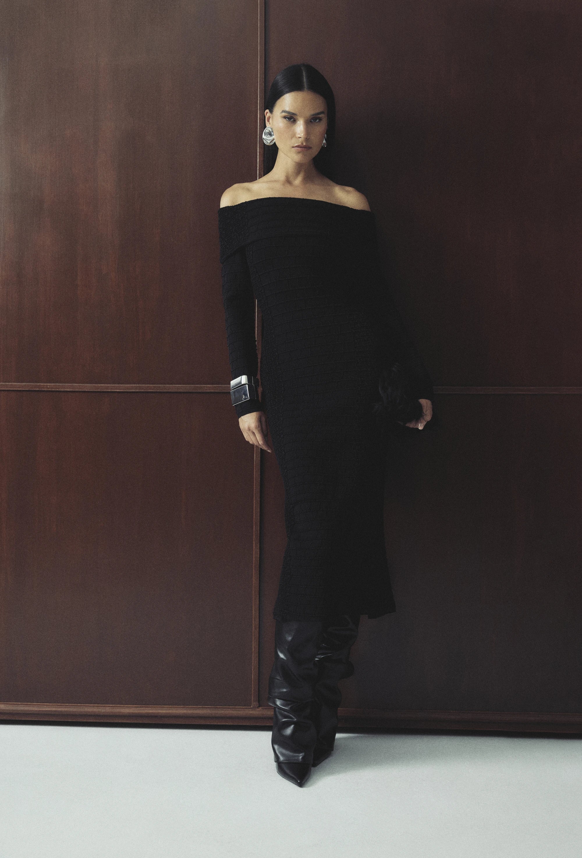 Carter Knit Midi Dress - Mossman | Black Crocodile Off Shoulder Dress | Image 2