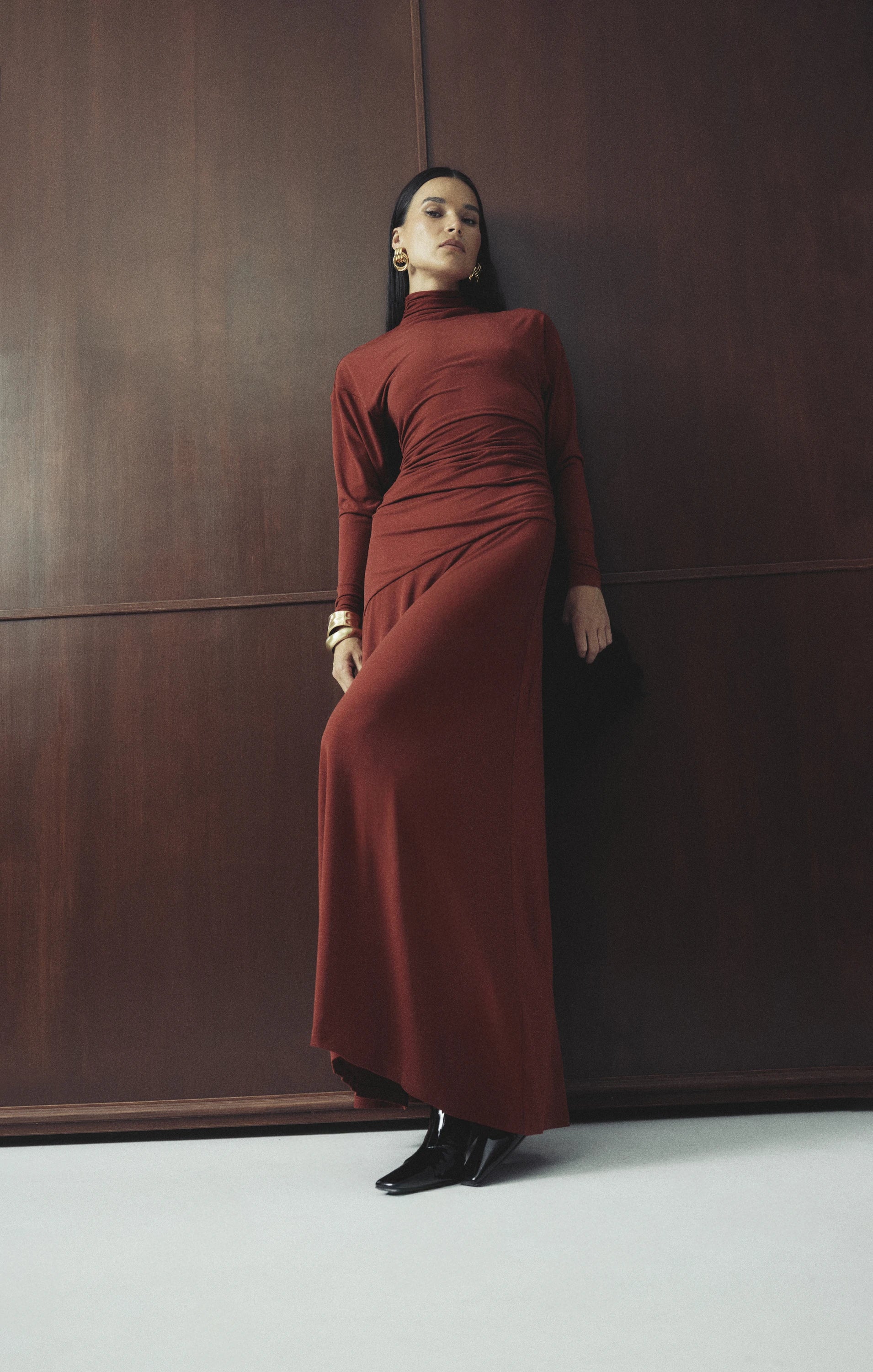 On & On Maxi Dress - Mossman | Red Stretch Jersey Long Sleeve Dress | Campaign Image