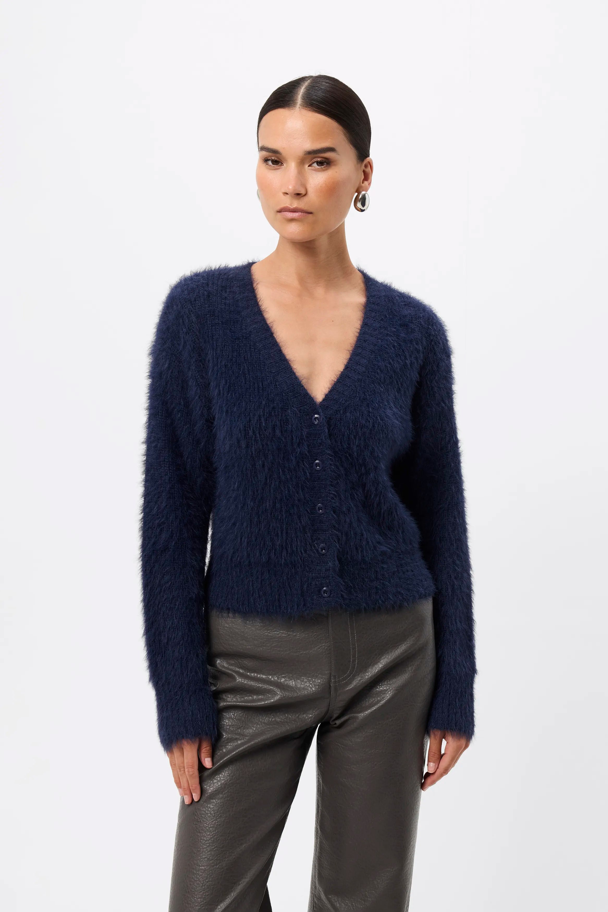 Addison Cardigan - Mossman | Navy Soft Fluffy Fuzzy Knit Top | Image 1