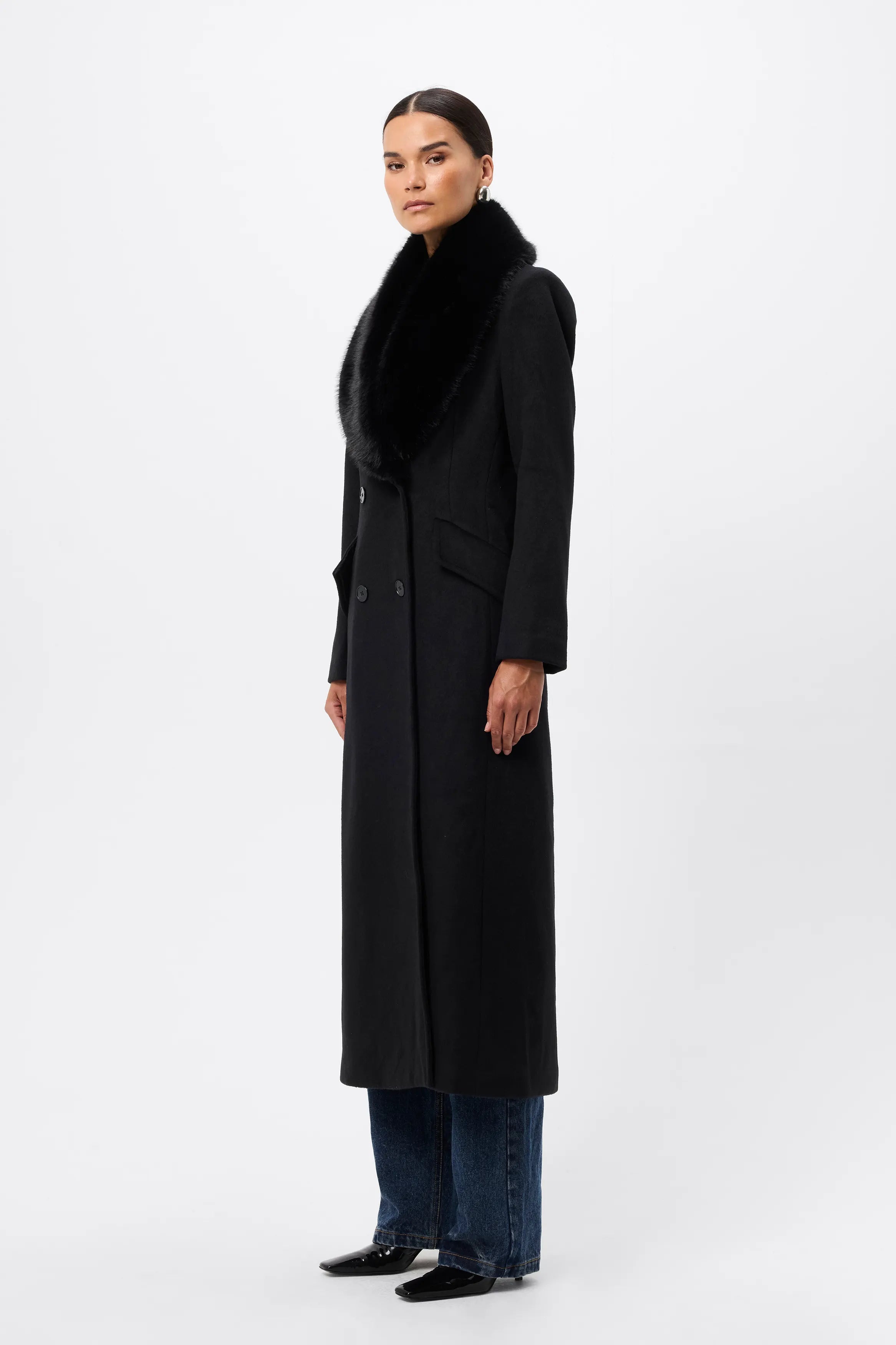 Andrea Coat - Mossman | Black Faux Fur Collar Longline Overcoat | Image 8