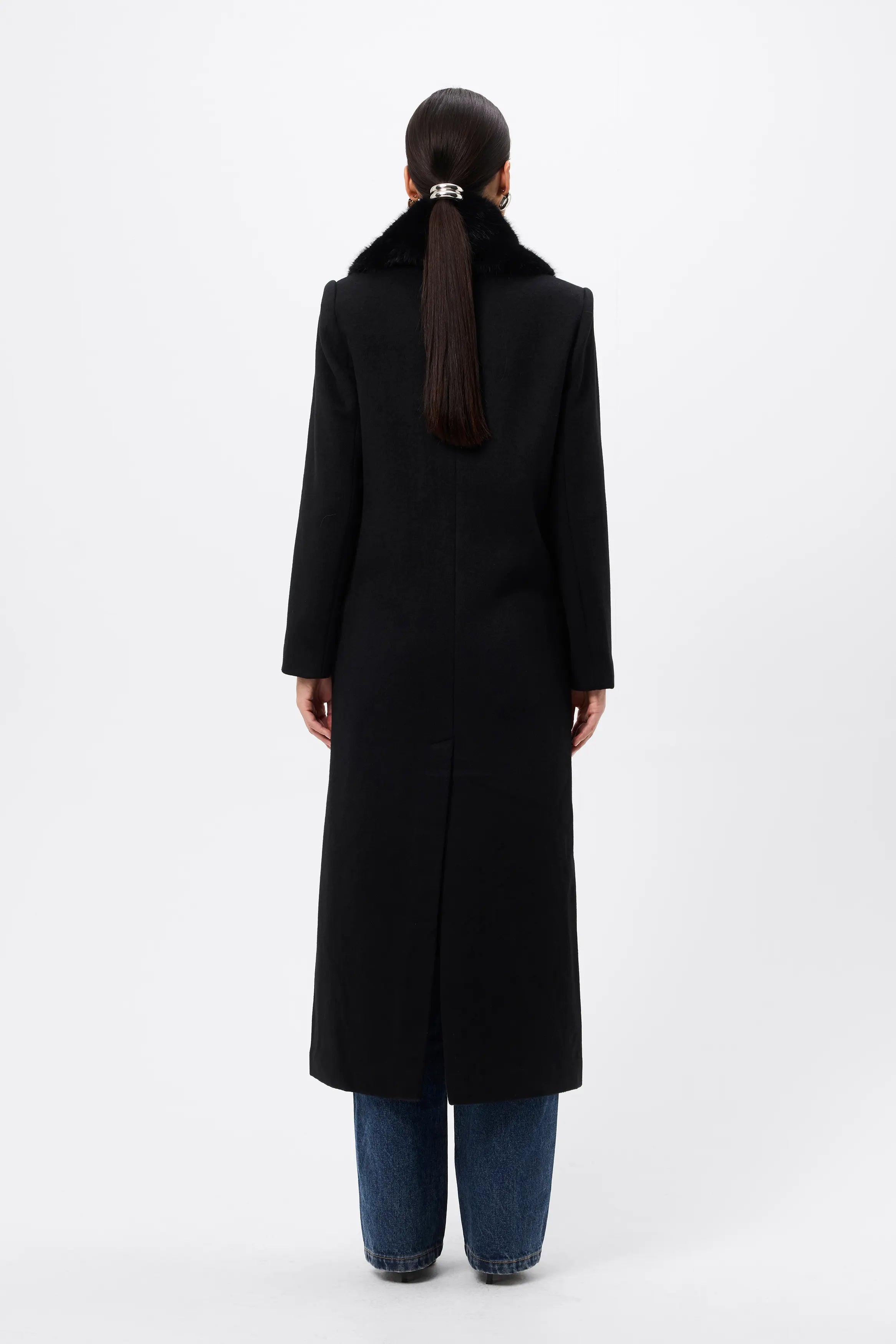 Andrea Coat - Mossman | Black Faux Fur Collar Longline Overcoat | Image 9