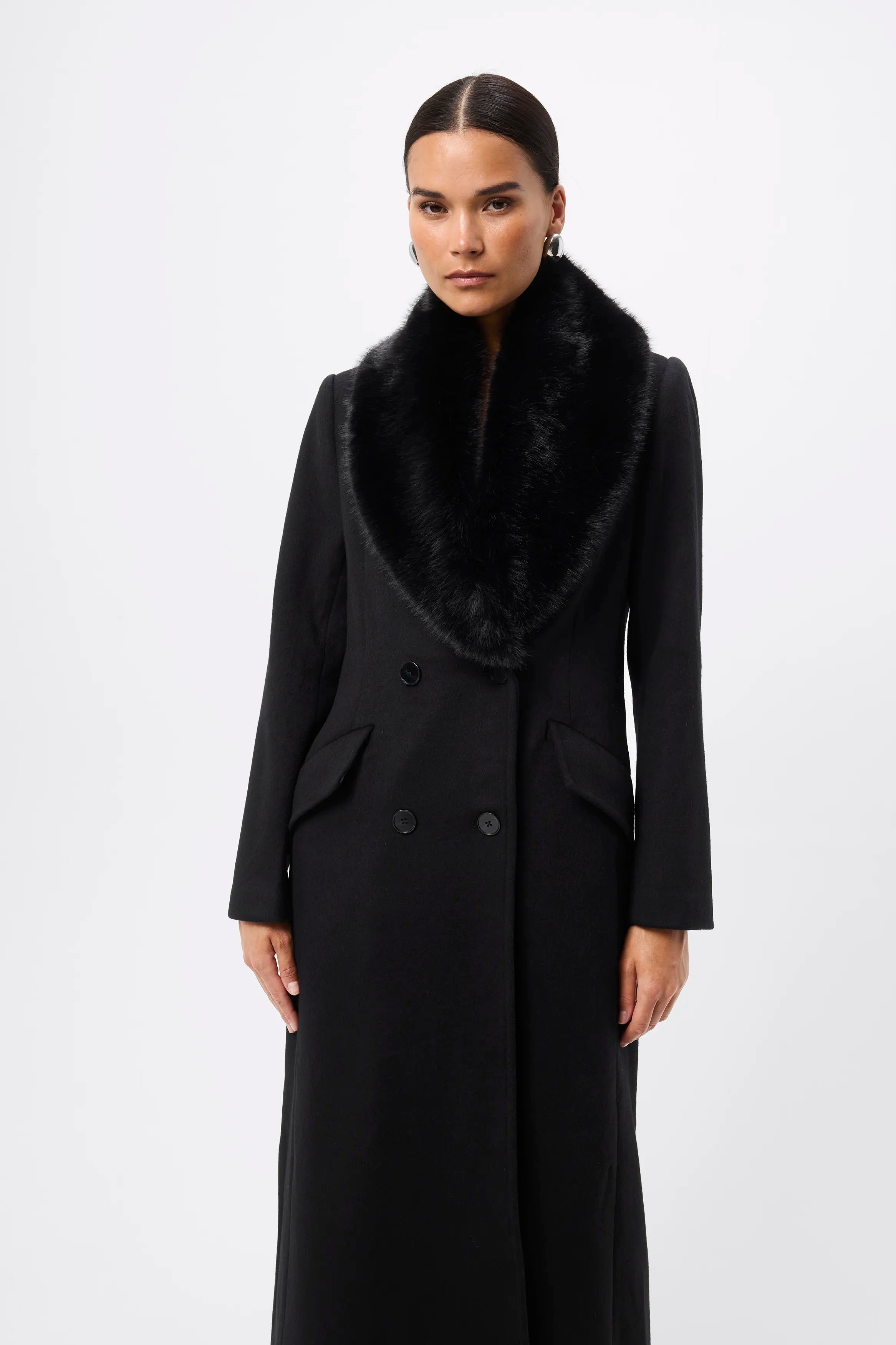 Andrea Coat - Mossman | Black Faux Fur Collar Longline Overcoat | Image 6