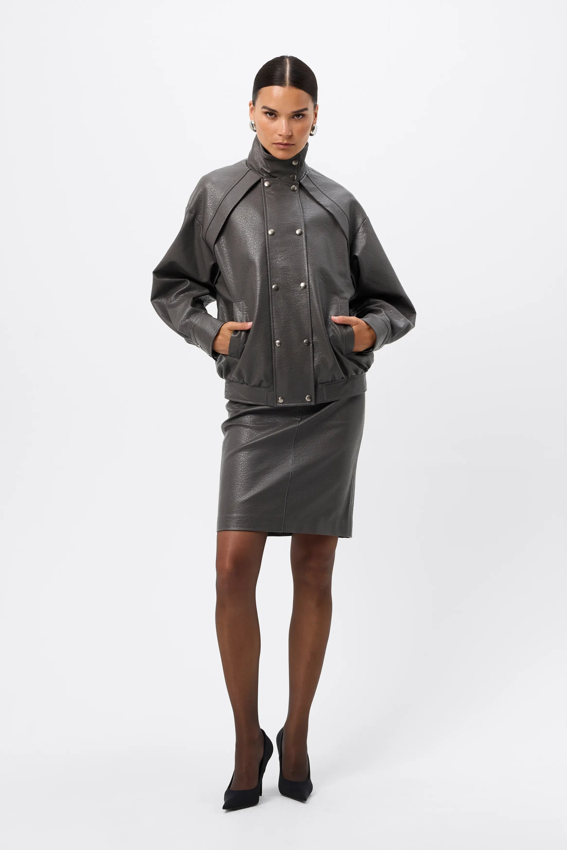 Jordan Jacket - Mossman | Grey Faux Leather Press Stud Bomber | Image 7