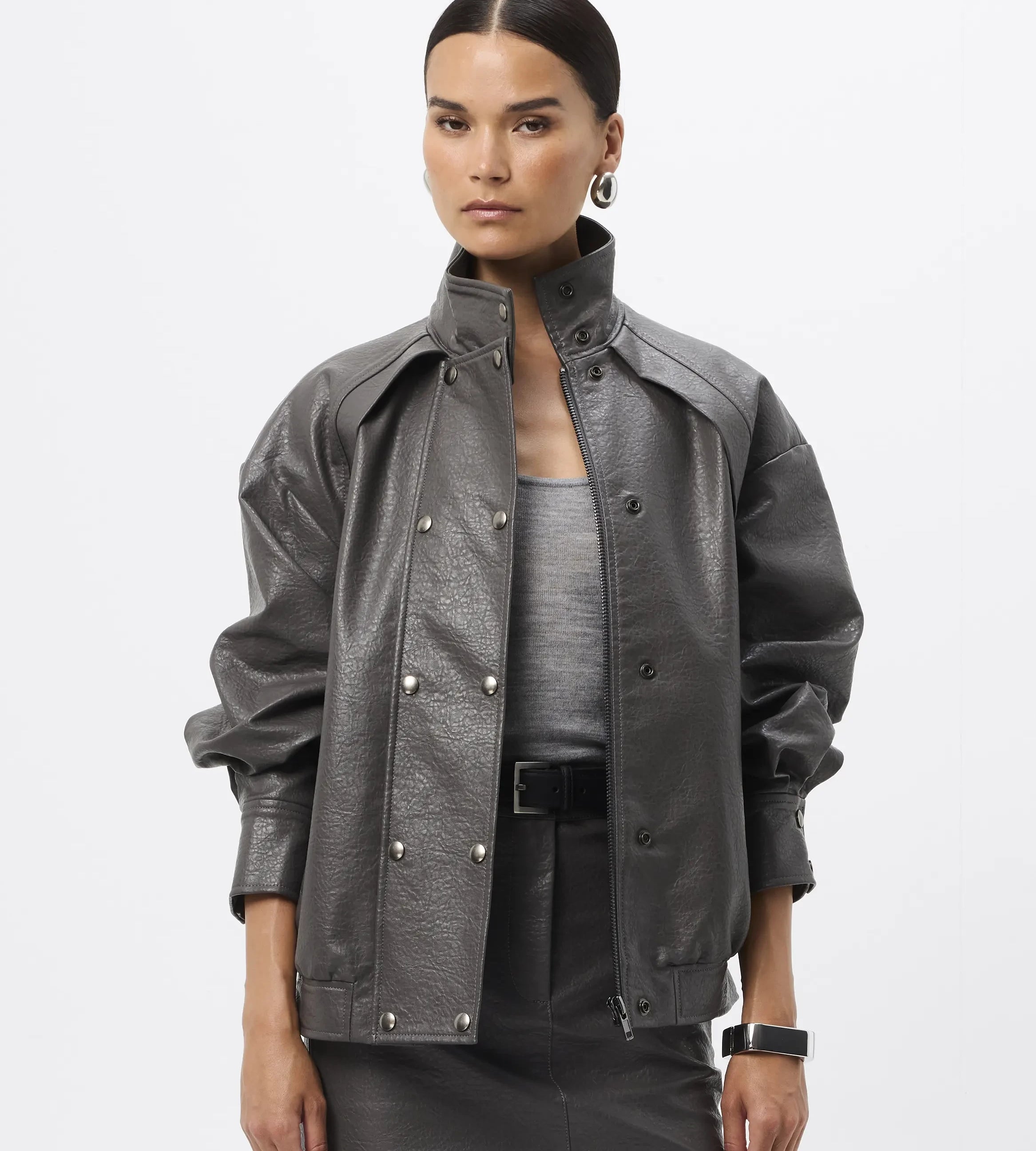 Jordan Jacket - Mossman | Grey Faux Leather Press Stud Bomber | Image 1