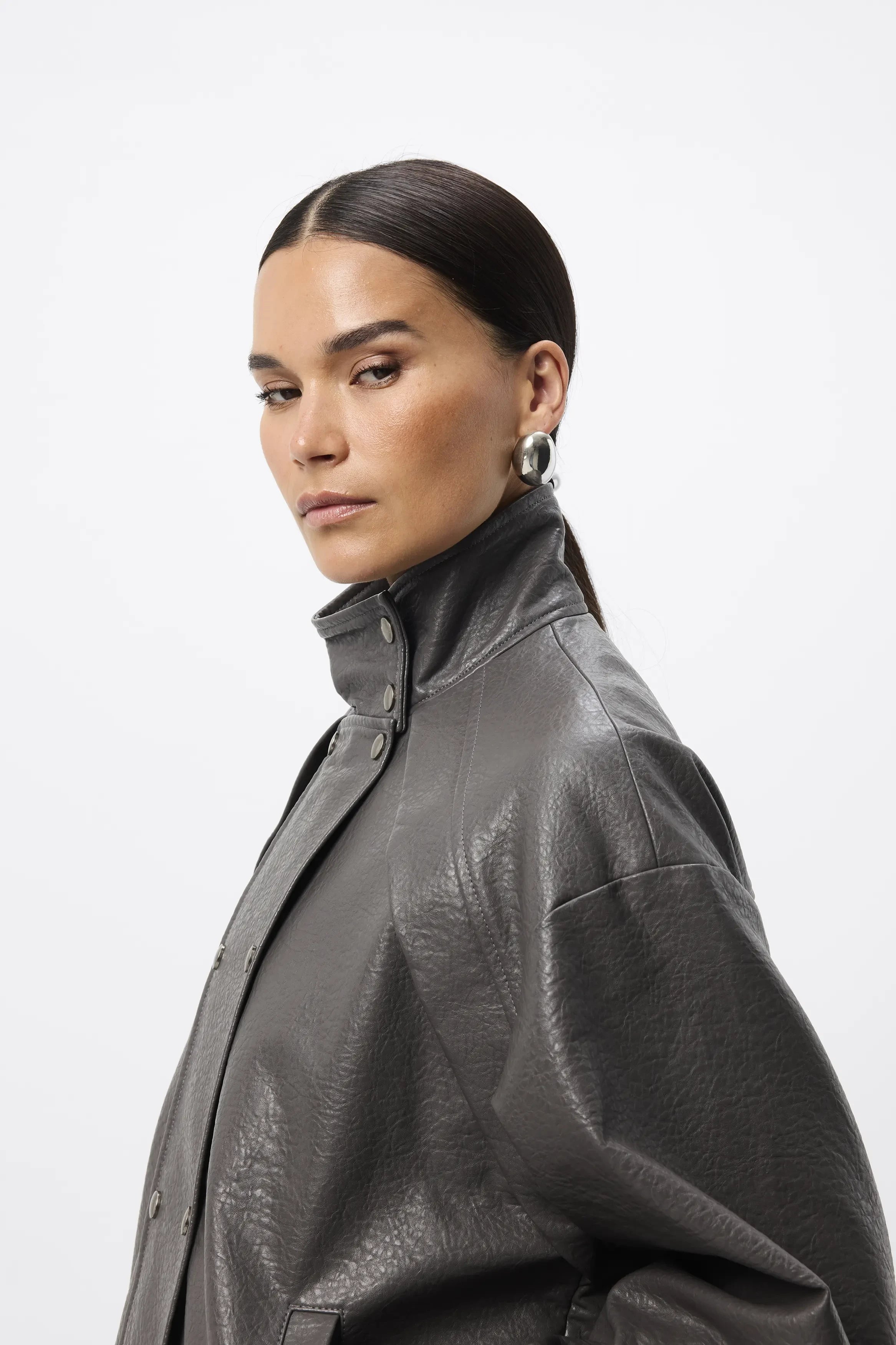 Jordan Jacket - Mossman | Grey Faux Leather Press Stud Bomber | Image 3