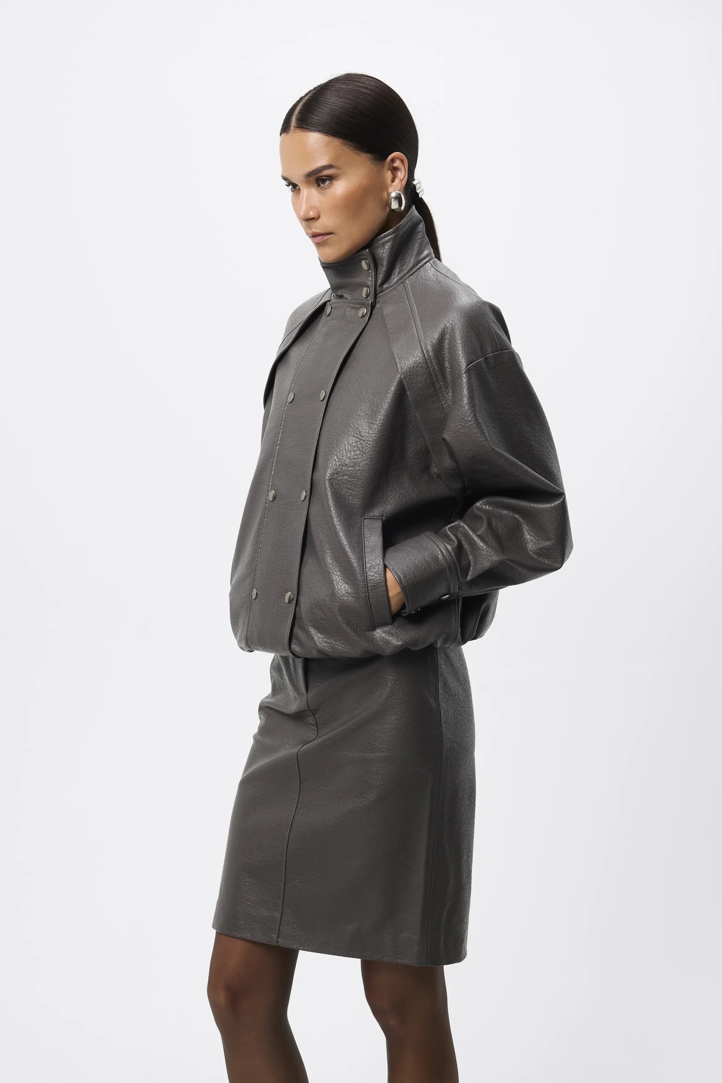 Jordan Jacket - Mossman | Grey Faux Leather Press Stud Bomber | Image 5