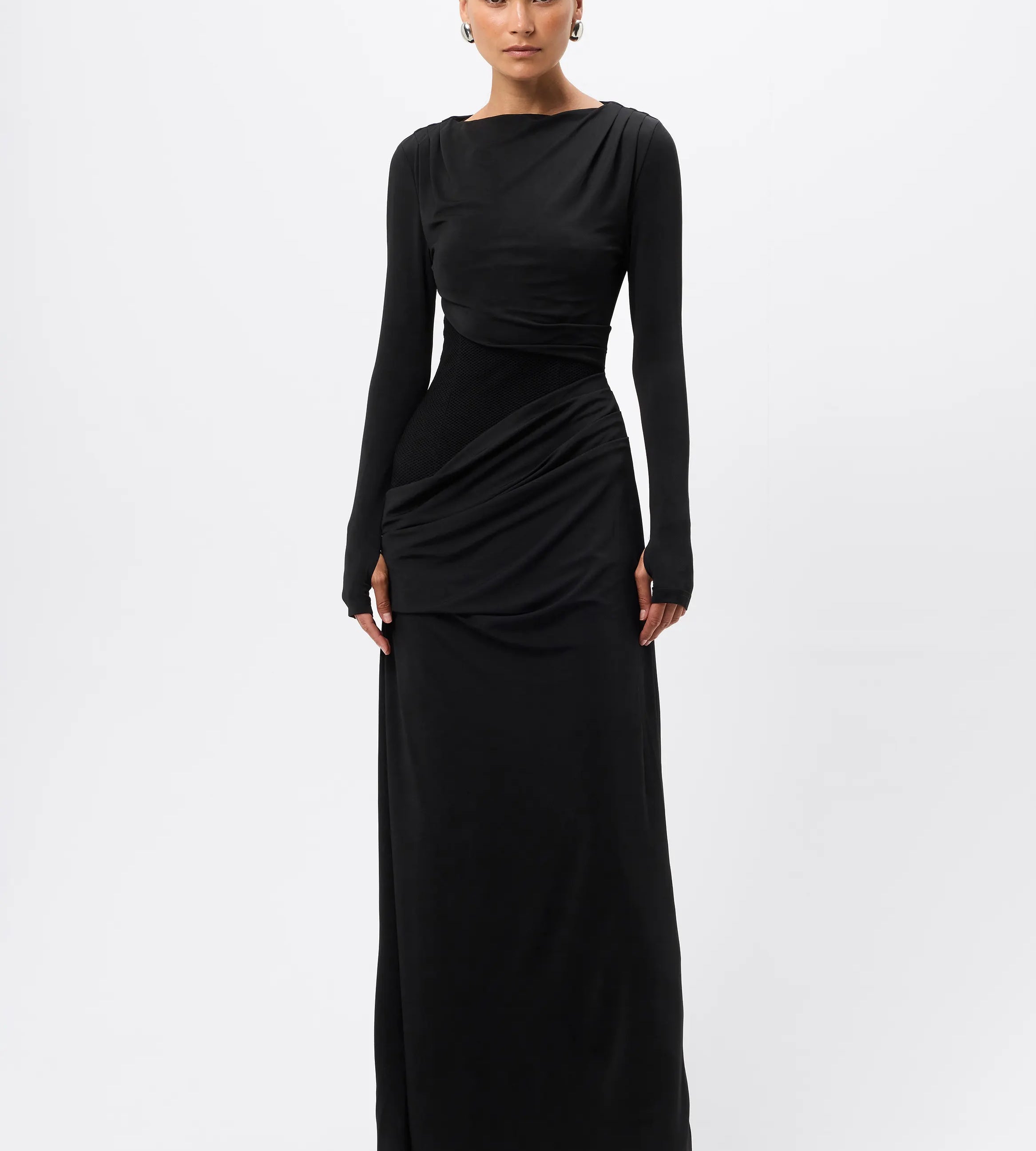 Lure Maxi Dress - Mossman | Black Mesh Panelled Long Sleeve Dress | Image 1