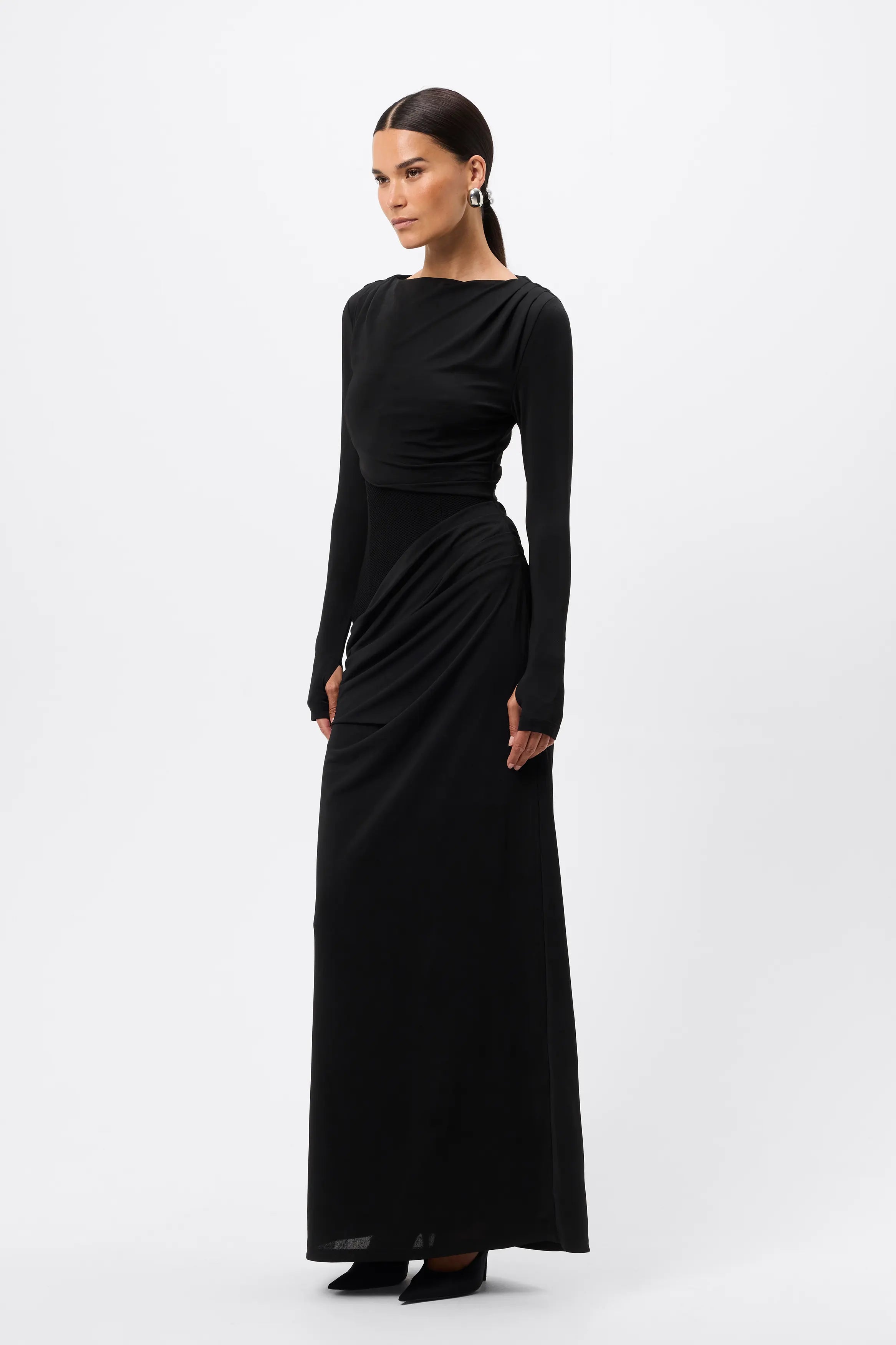 Lure Maxi Dress - Mossman | Black Mesh Panelled Long Sleeve Dress | Image 4