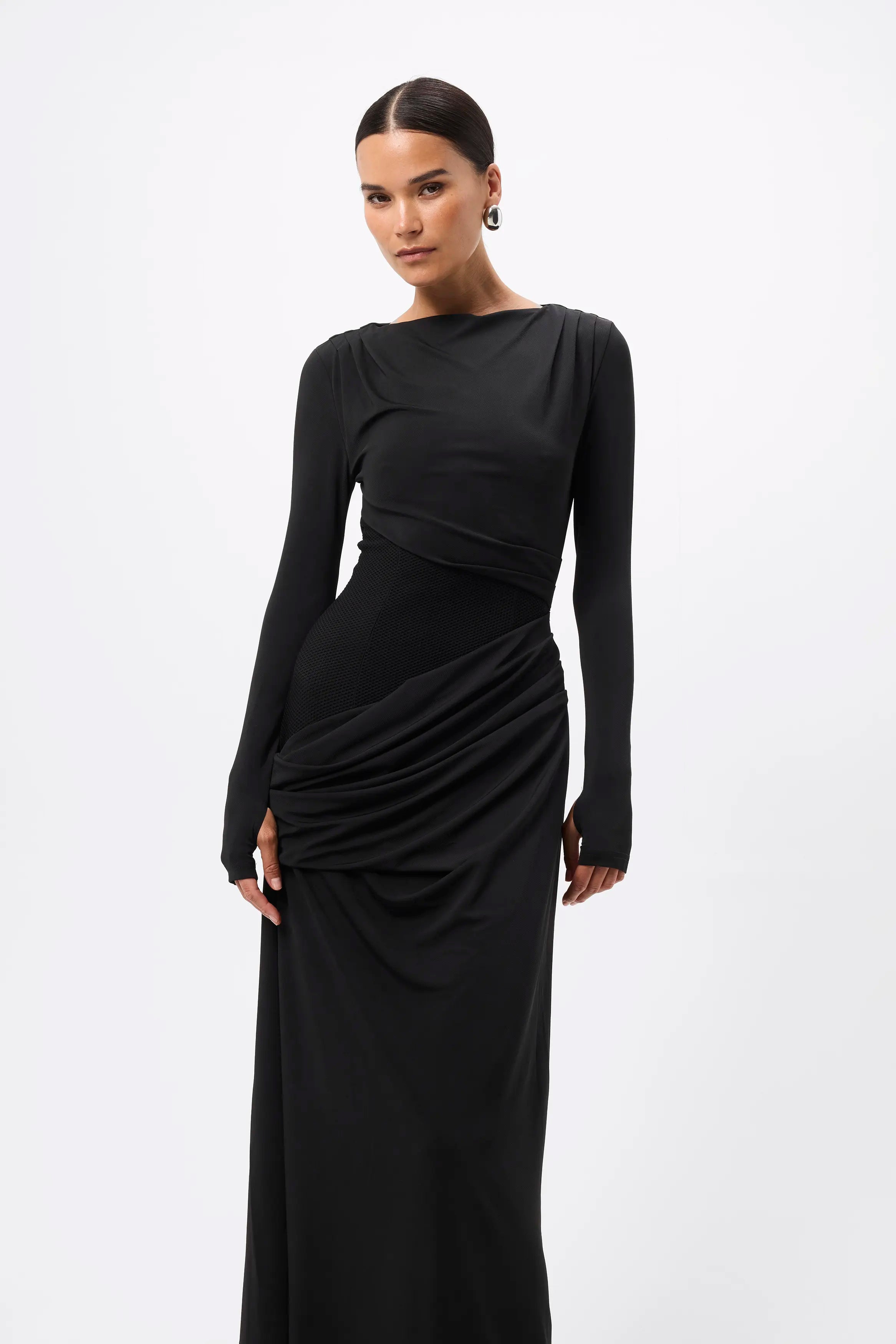 Lure Maxi Dress - Mossman | Black Mesh Panelled Long Sleeve Dress | Image 6