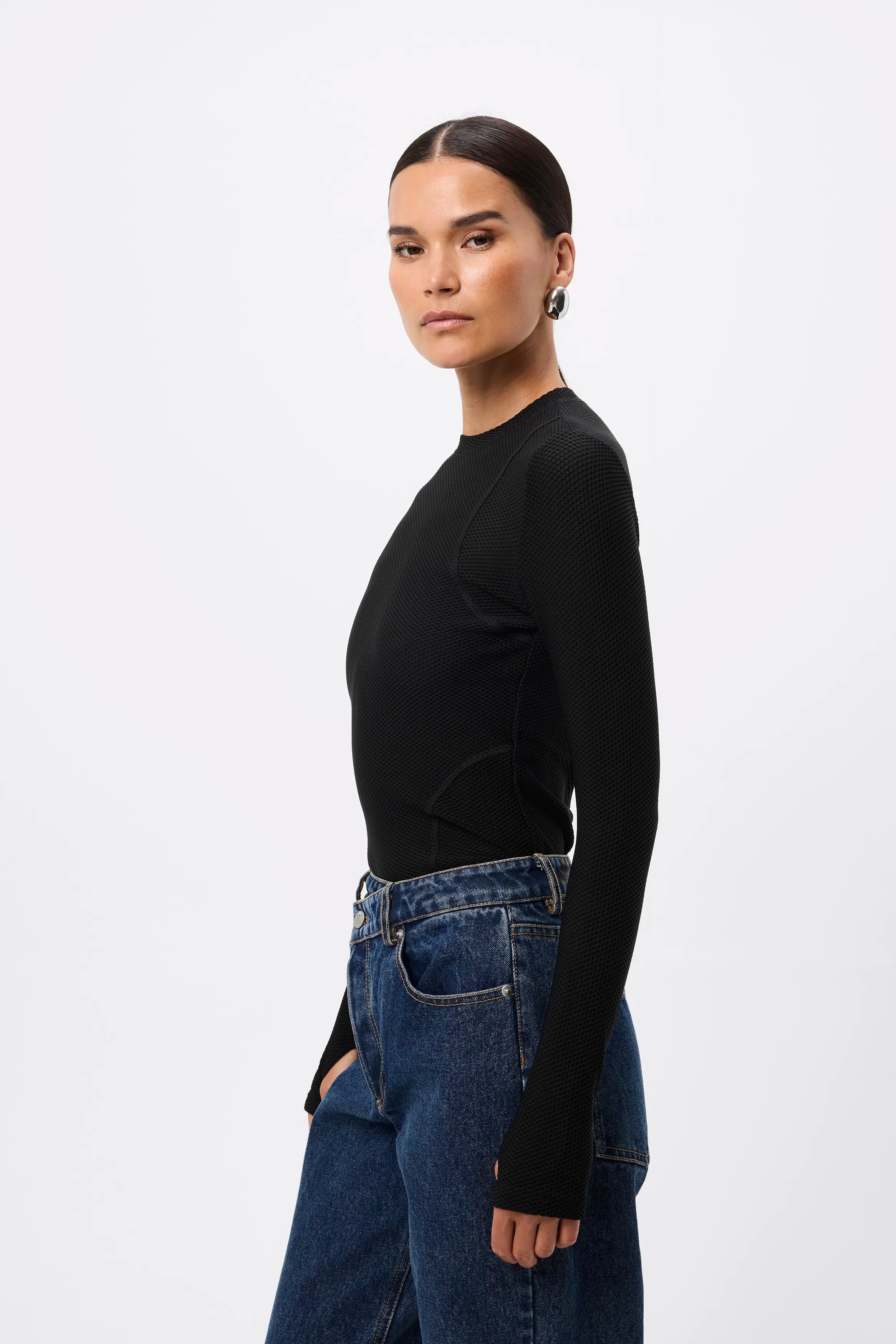 Lure Mesh Top - Mossman | Black Textured Long Sleeve Fitted Tee | Image 1