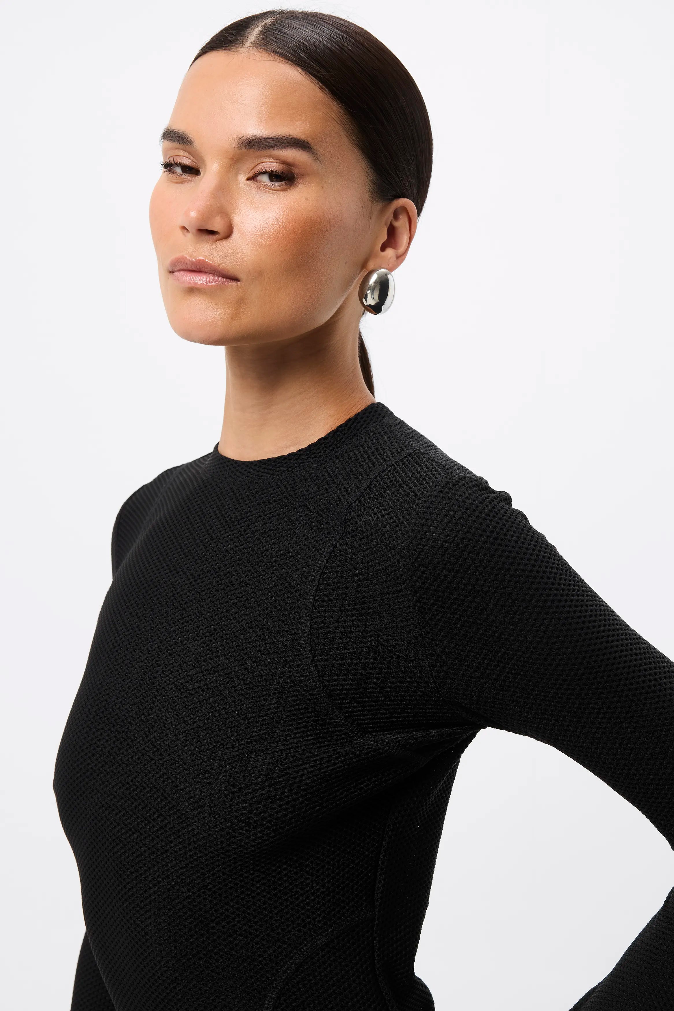 Lure Mesh Top - Mossman | Black Textured Long Sleeve Fitted Tee | Image 6