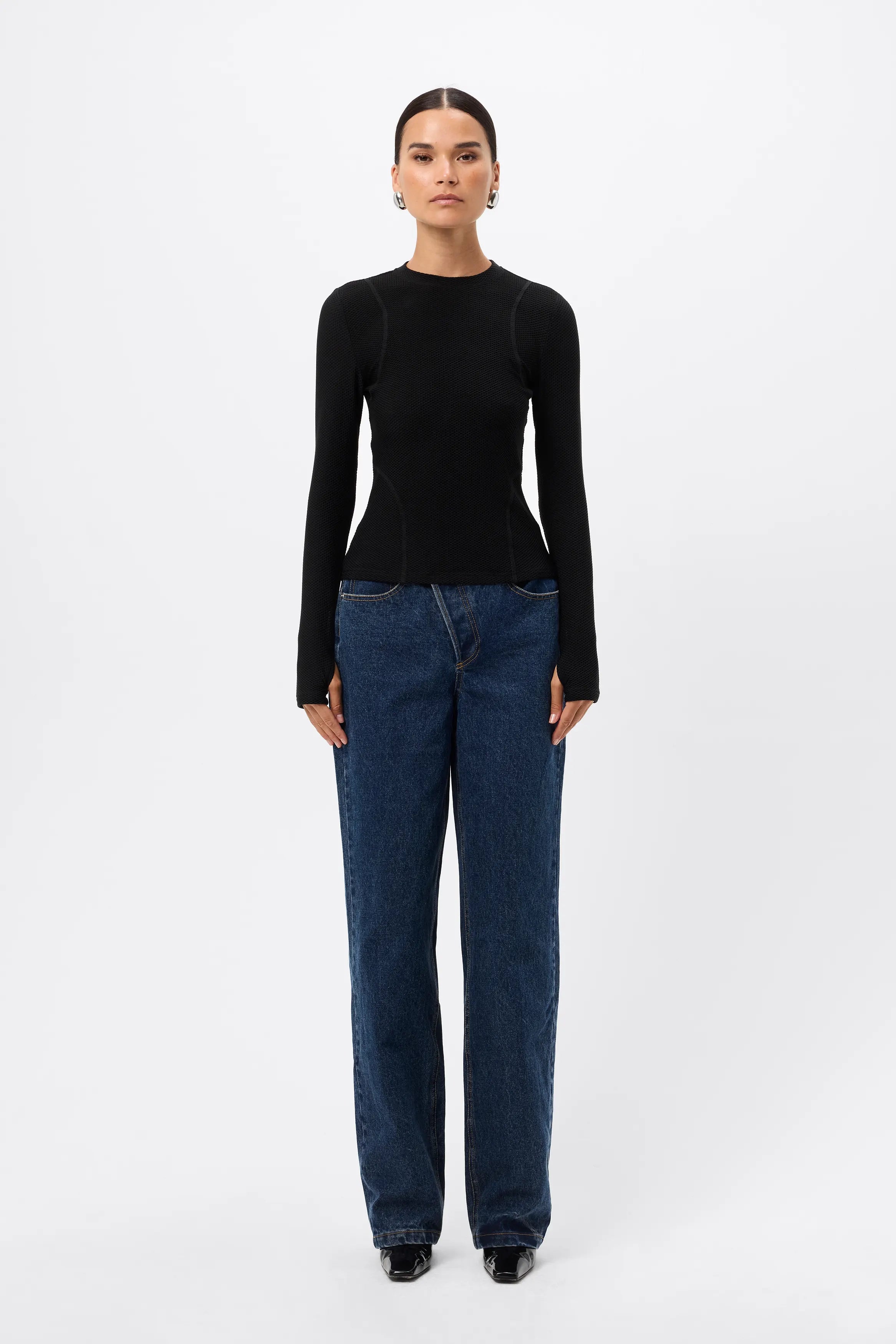 Lure Mesh Top - Mossman | Black Textured Long Sleeve Fitted Tee | Image 7