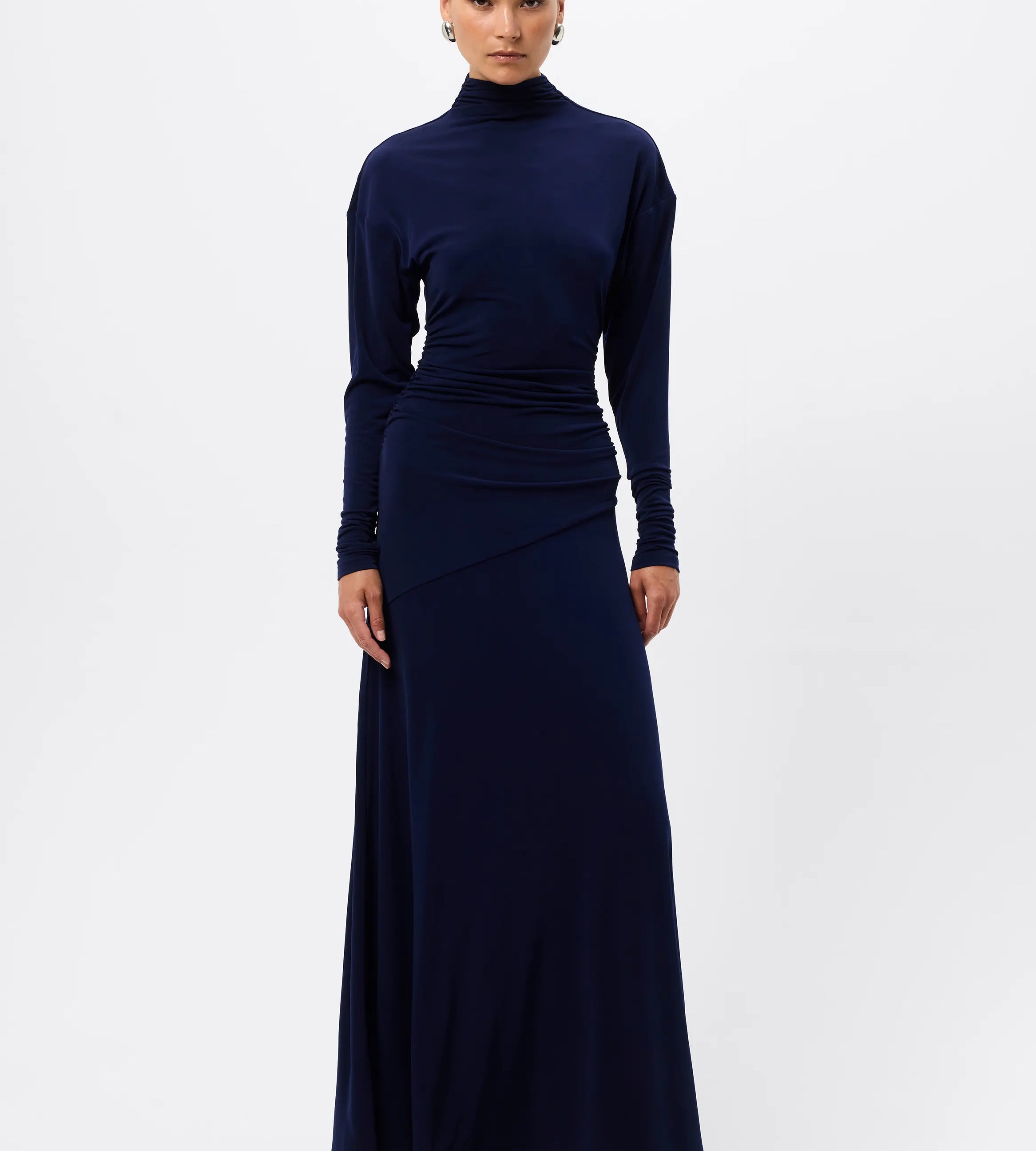 On & On Maxi Dress - Mossman | Navy Stretch Jersey Long Sleeve Dress | Image 1