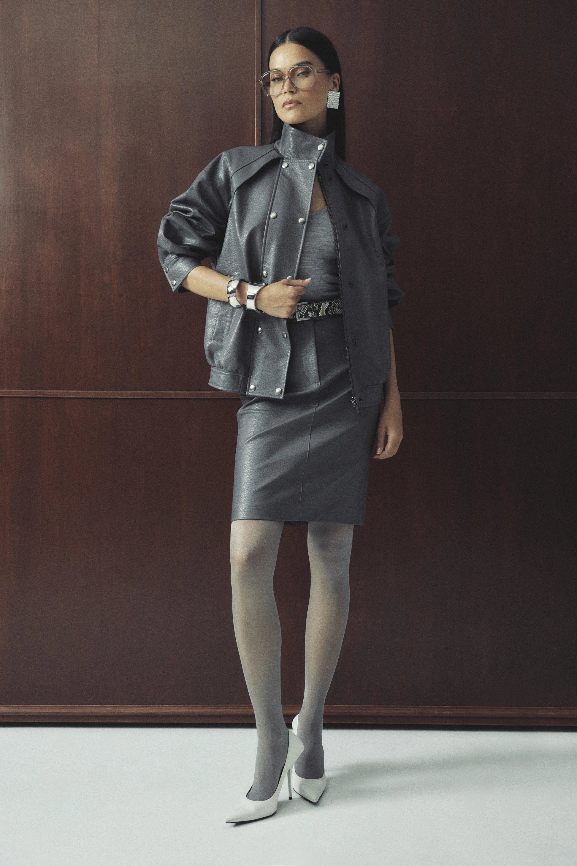 Jordan Jacket - Mossman | Grey Faux Leather Press Stud Bomber | Image 2