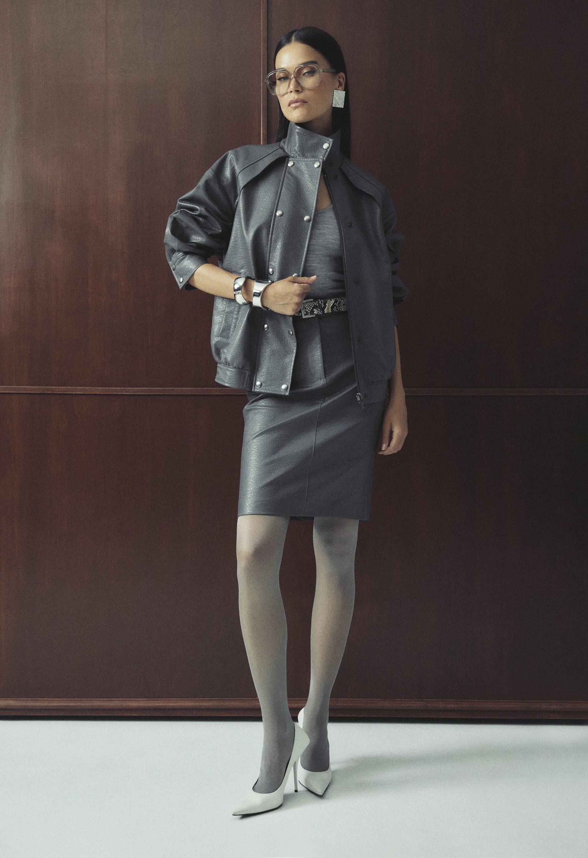Jordan Jacket - Mossman | Grey Faux Leather Press Stud Bomber | Image 2