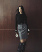Jordan Pencil Skirt - Mossman | Grey Matte Pebbled Leather Midi Skirt | Campaign Image