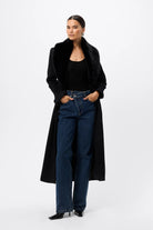 Andrea Coat - Mossman | Black Faux Fur Collar Longline Overcoat | Image 4
