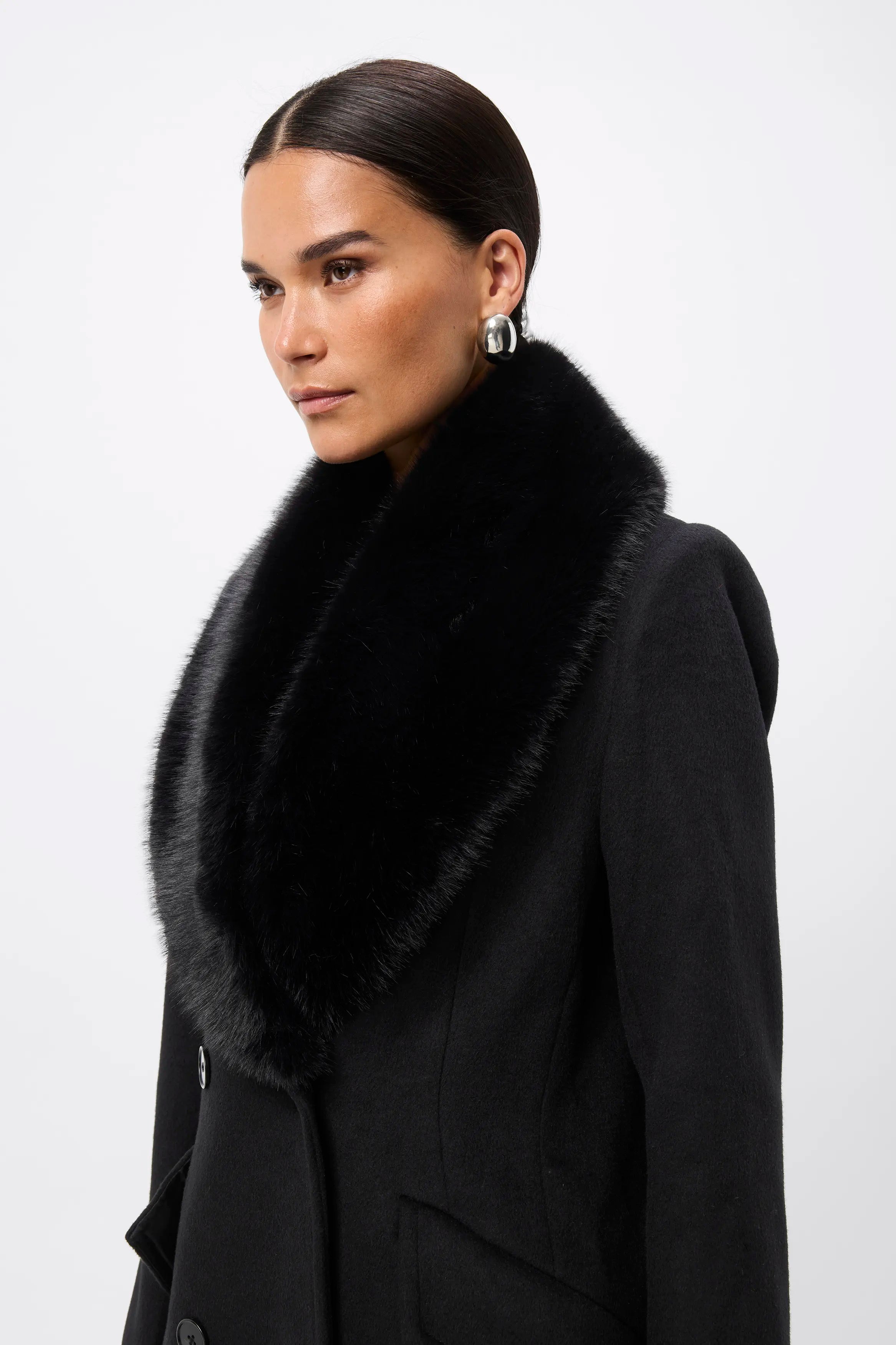 Andrea Coat - Mossman | Black Faux Fur Collar Longline Overcoat | Image 7