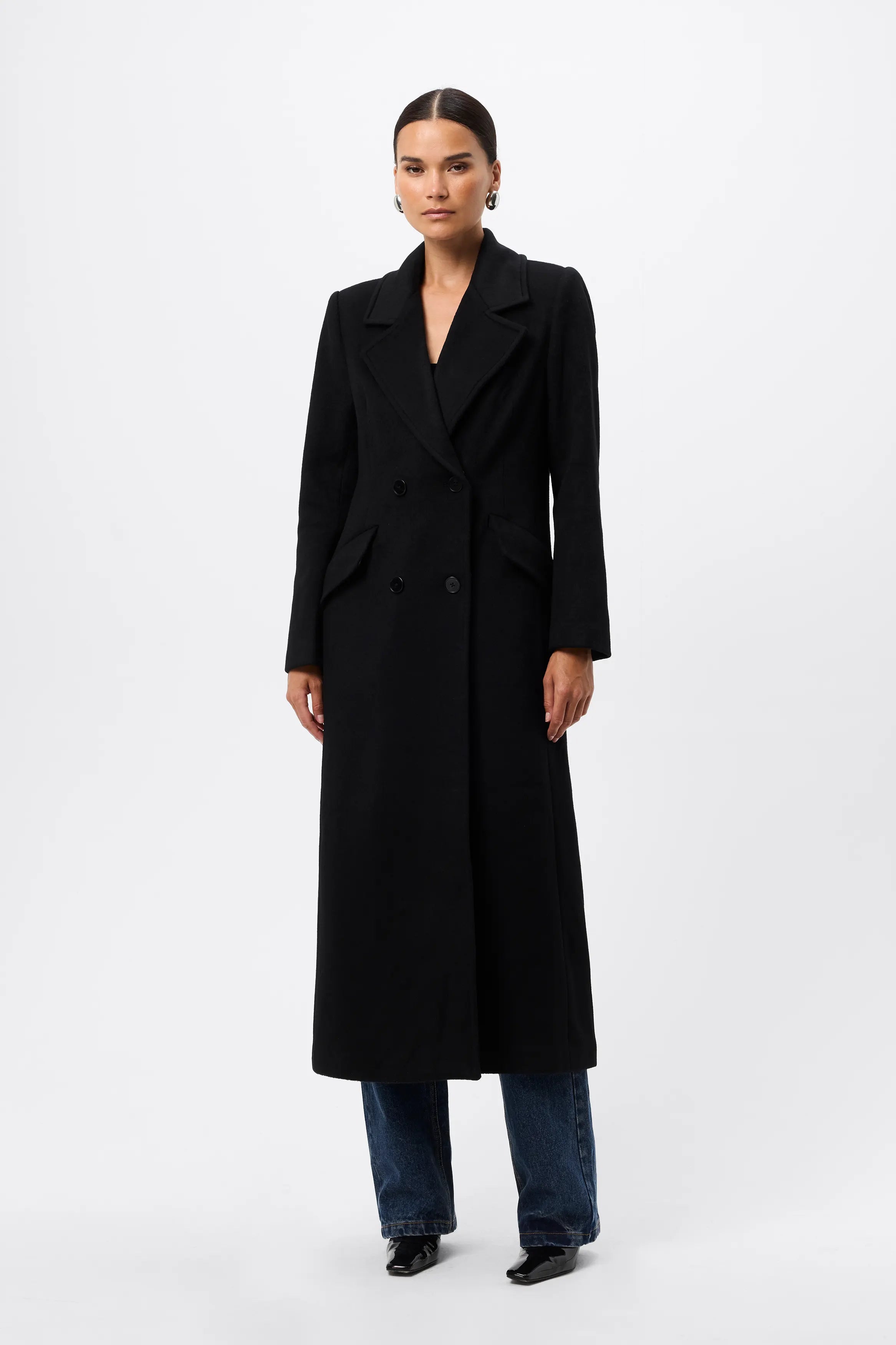 Andrea Coat - Mossman | Black Faux Fur Collar Longline Overcoat | Image 1