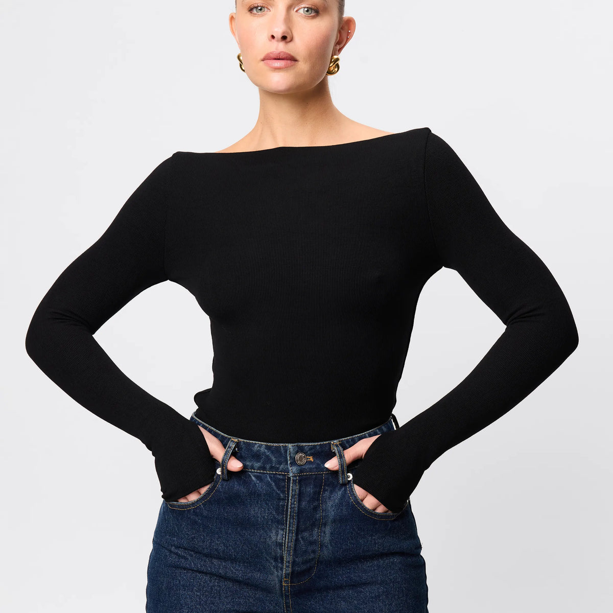 Camden Top - Mossman | Black Boat Neck Ribbed Jersey Top