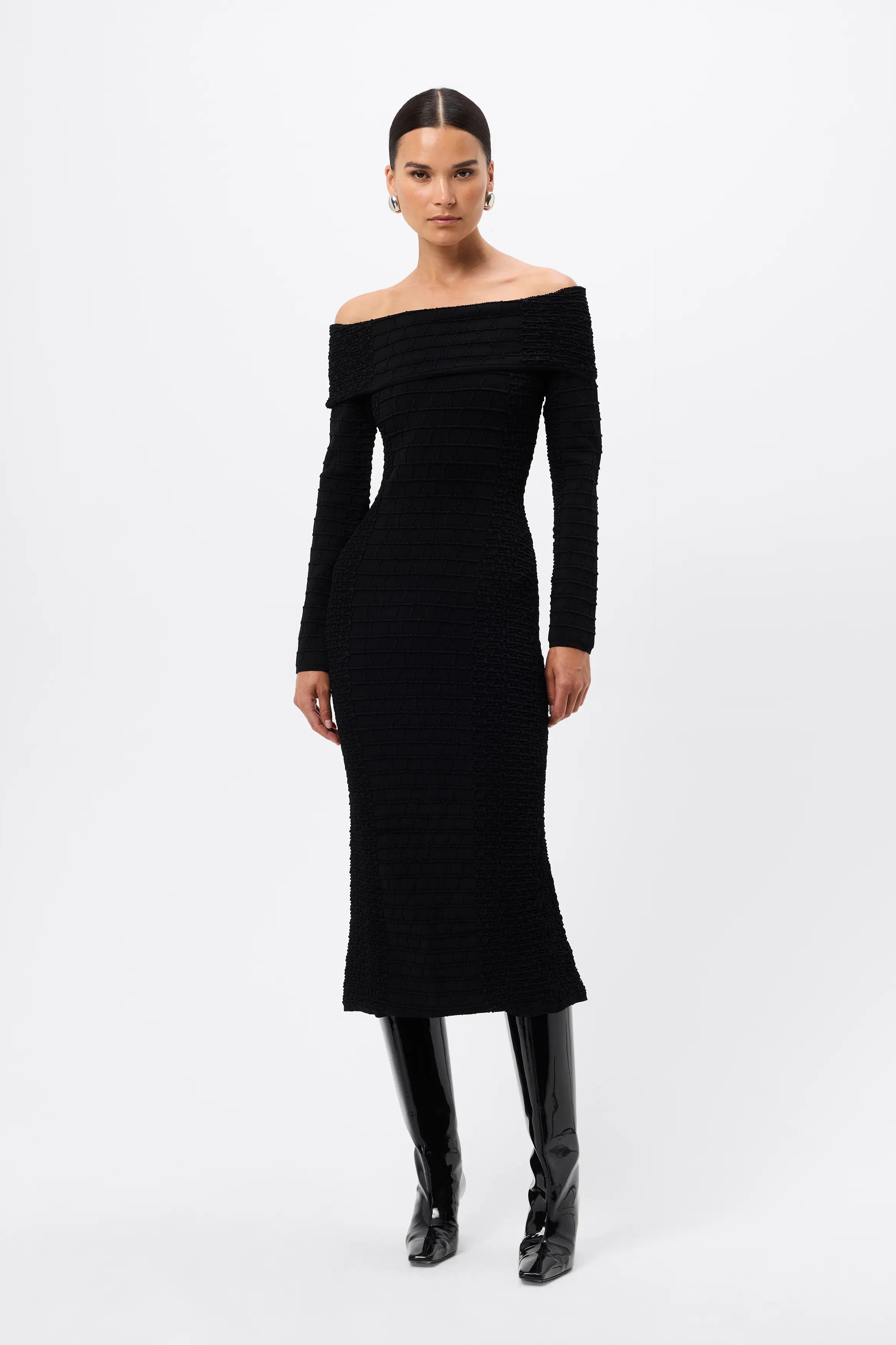Carter Knit Midi Dress - Mossman | Black Crocodile Off Shoulder Dress | Image 1
