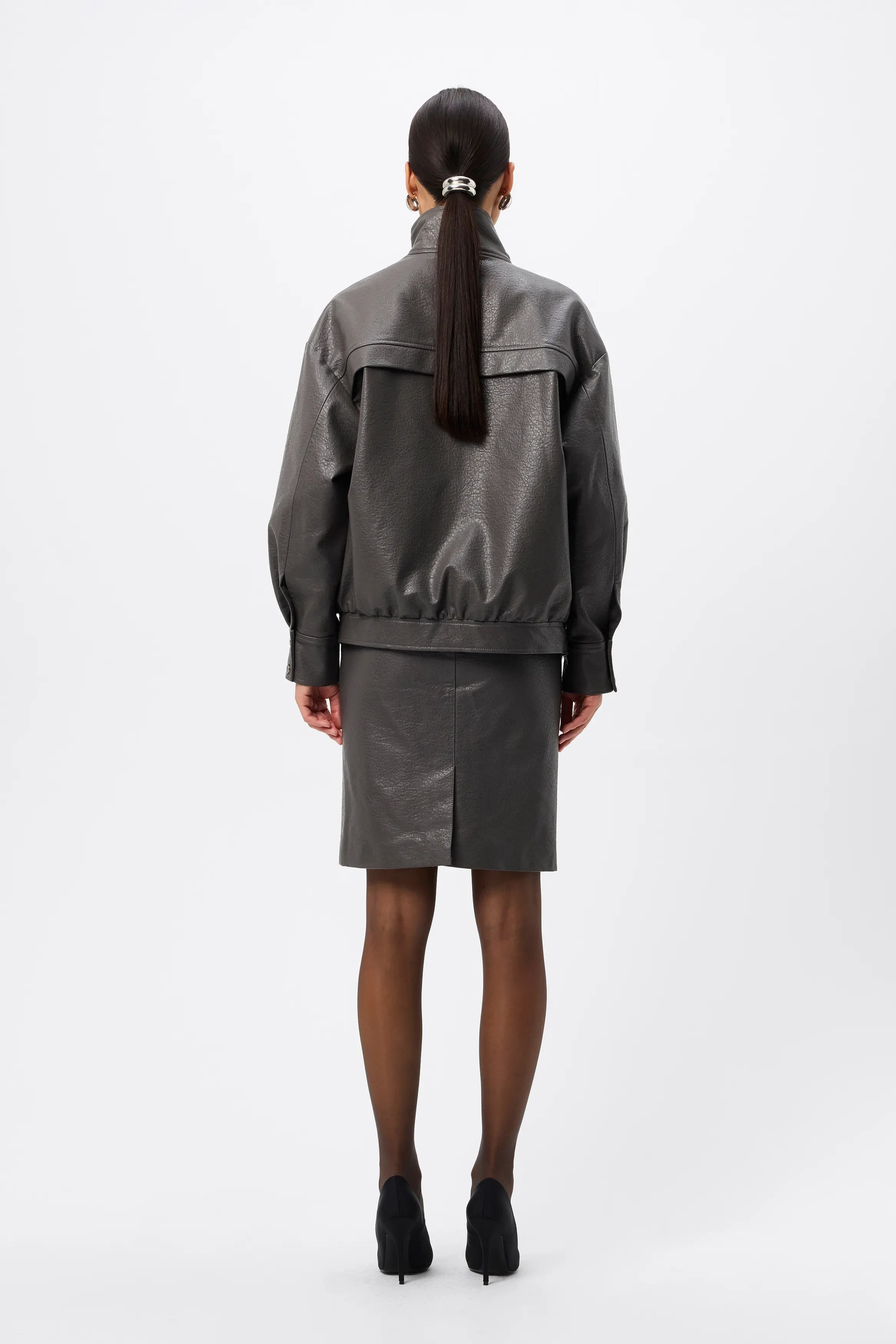 Jordan Jacket - Mossman | Grey Faux Leather Press Stud Bomber | Image 8