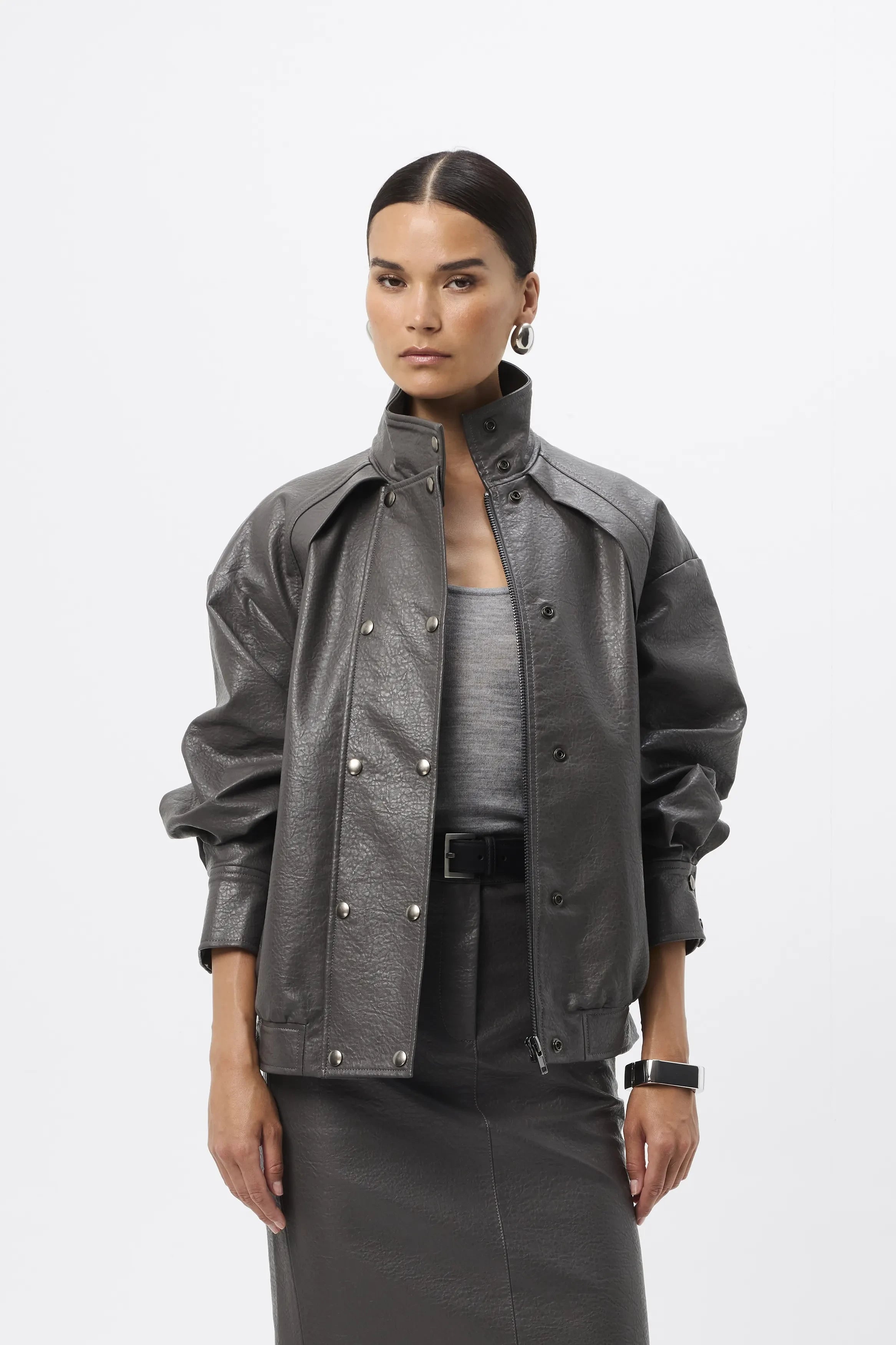 Jordan Jacket - Mossman | Grey Faux Leather Press Stud Bomber | Image 1