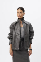 Jordan Jacket - Mossman | Grey Faux Leather Press Stud Bomber | Image 1