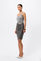 Jordan Pencil Skirt - Mossman | Grey Matte Pebbled Leather Midi Skirt | Image 7