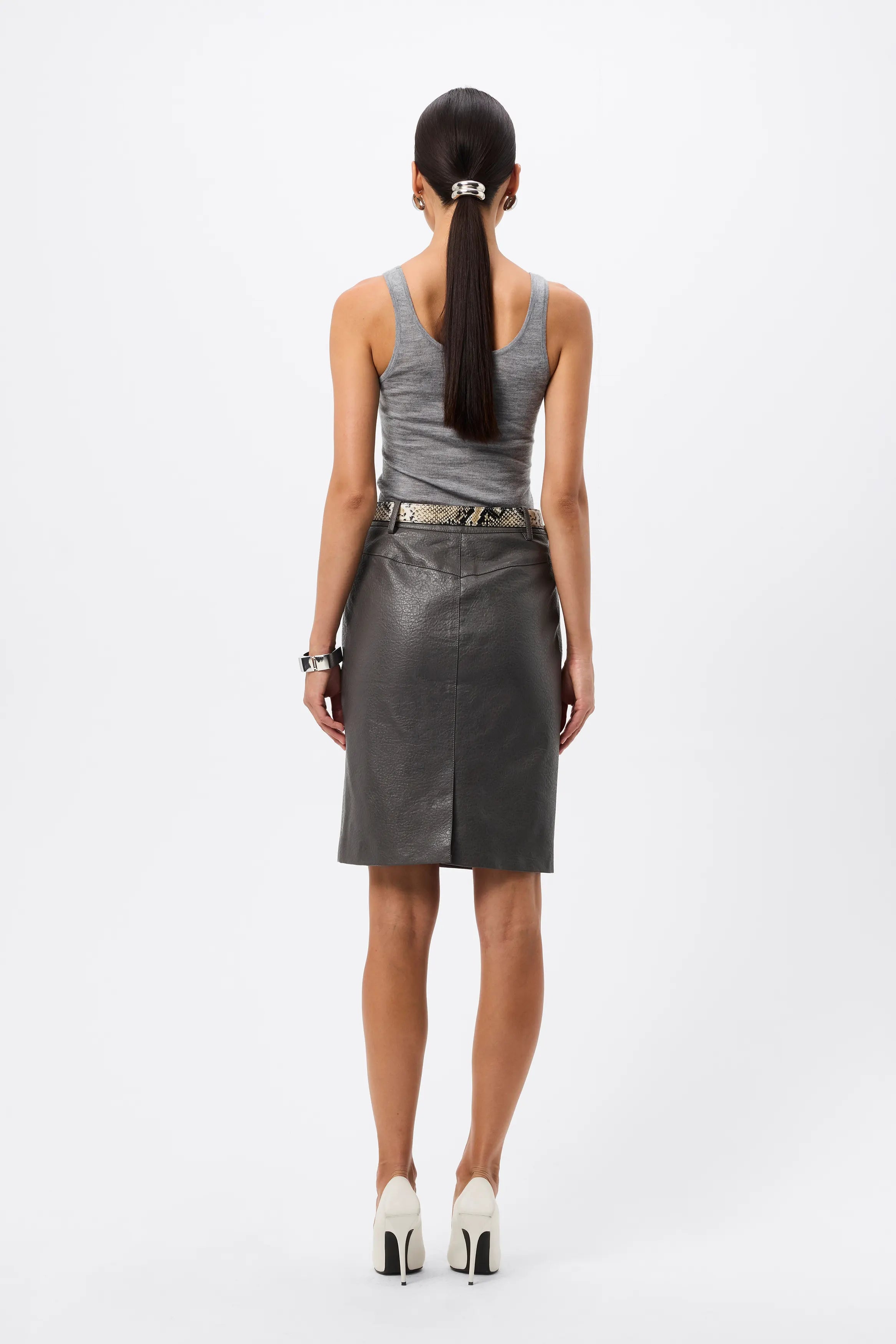 Jordan Pencil Skirt - Mossman | Grey Matte Pebbled Leather Midi Skirt | Image 8