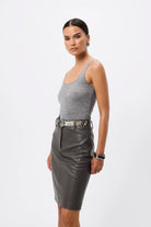 Jordan Pencil Skirt - Mossman | Grey Matte Pebbled Leather Midi Skirt | Image 5