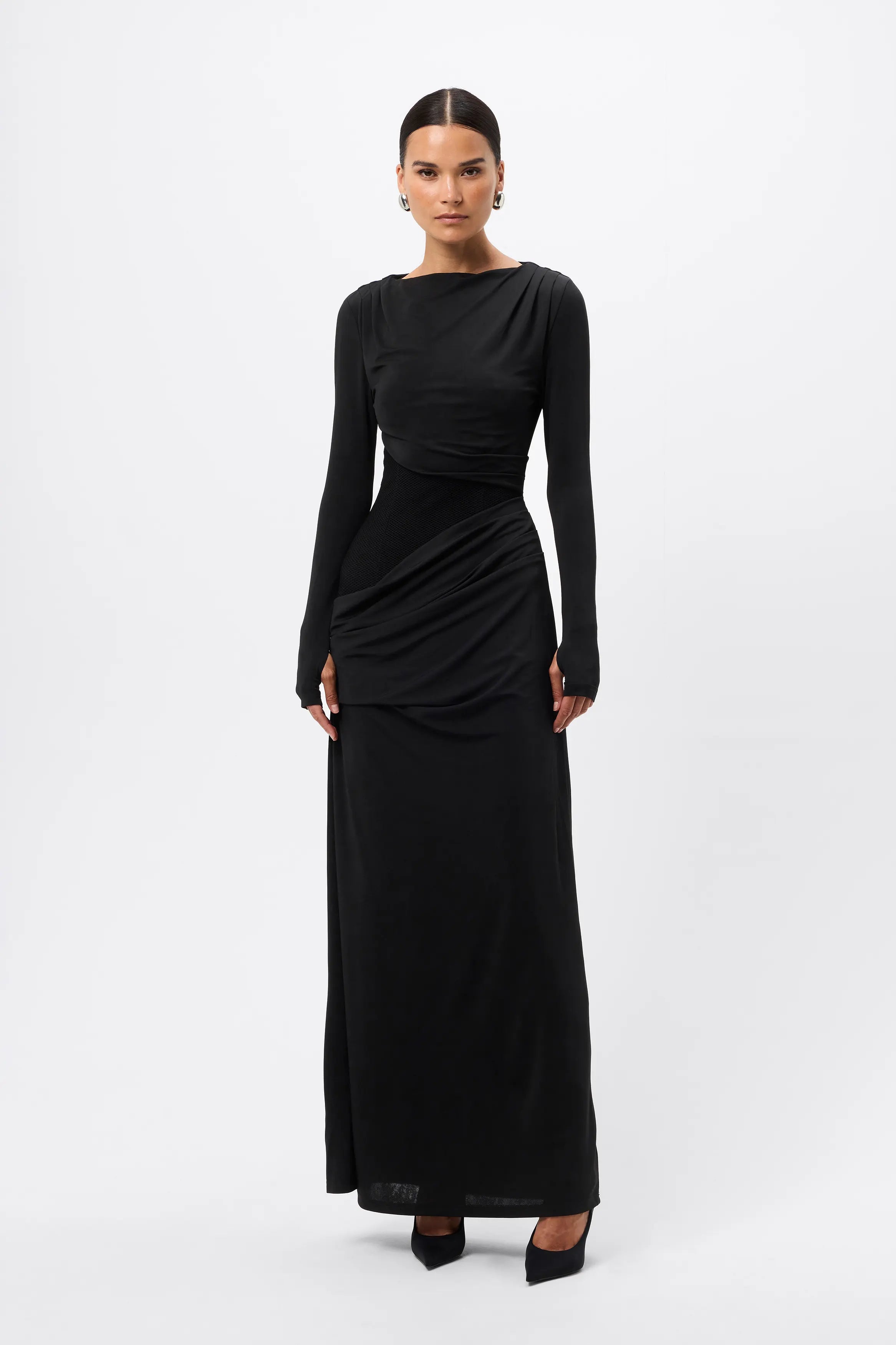 Lure Maxi Dress - Mossman | Black Mesh Panelled Long Sleeve Dress | Image 1