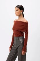 Maine Off Shoulder Merino Top - Mossman | Red Women's Knit Top | Image 5