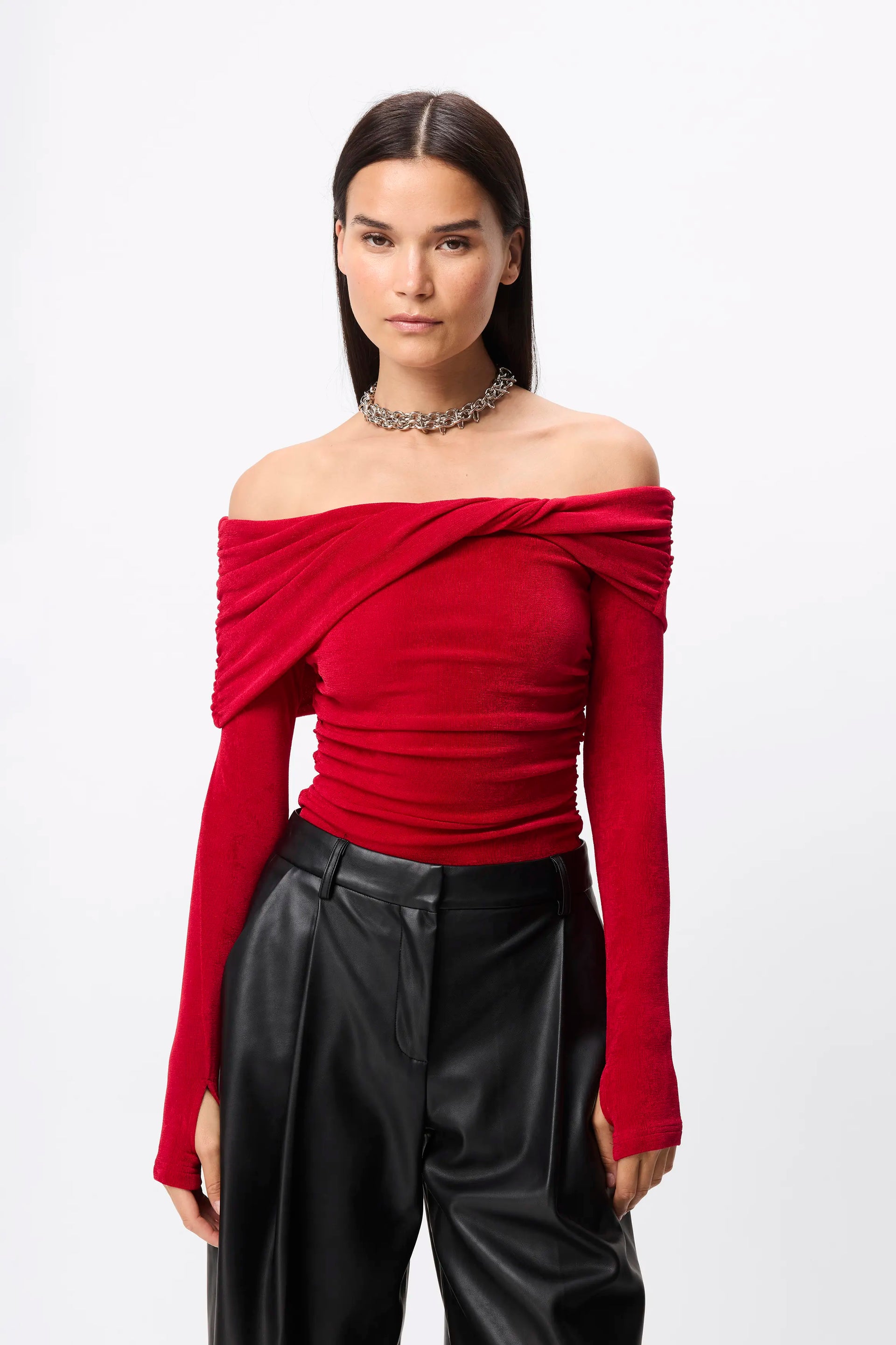 Olympia Top - Mossman | Red Off Shoulder Twist Long Sleeve Jersey Top