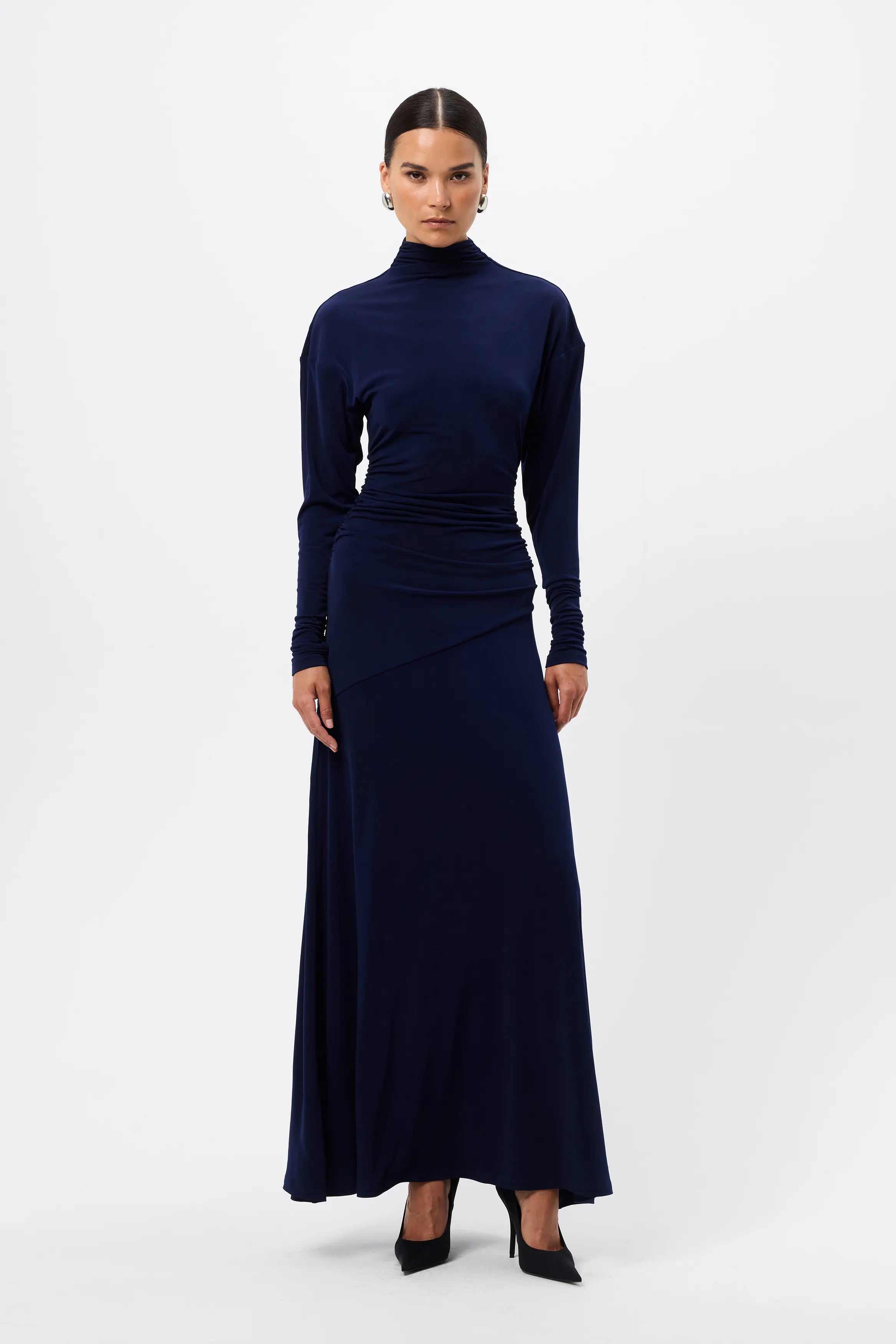 On & On Maxi Dress - Mossman | Navy Stretch Jersey Long Sleeve Dress | Image 1