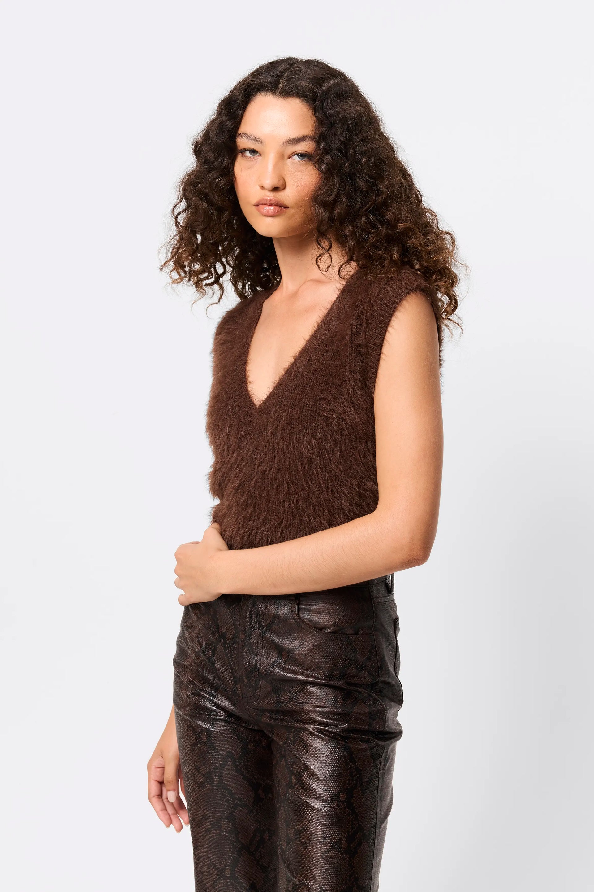 Scholar Vest - Mossman | Chocolate Brown Fuzzy Knit V-Neck
