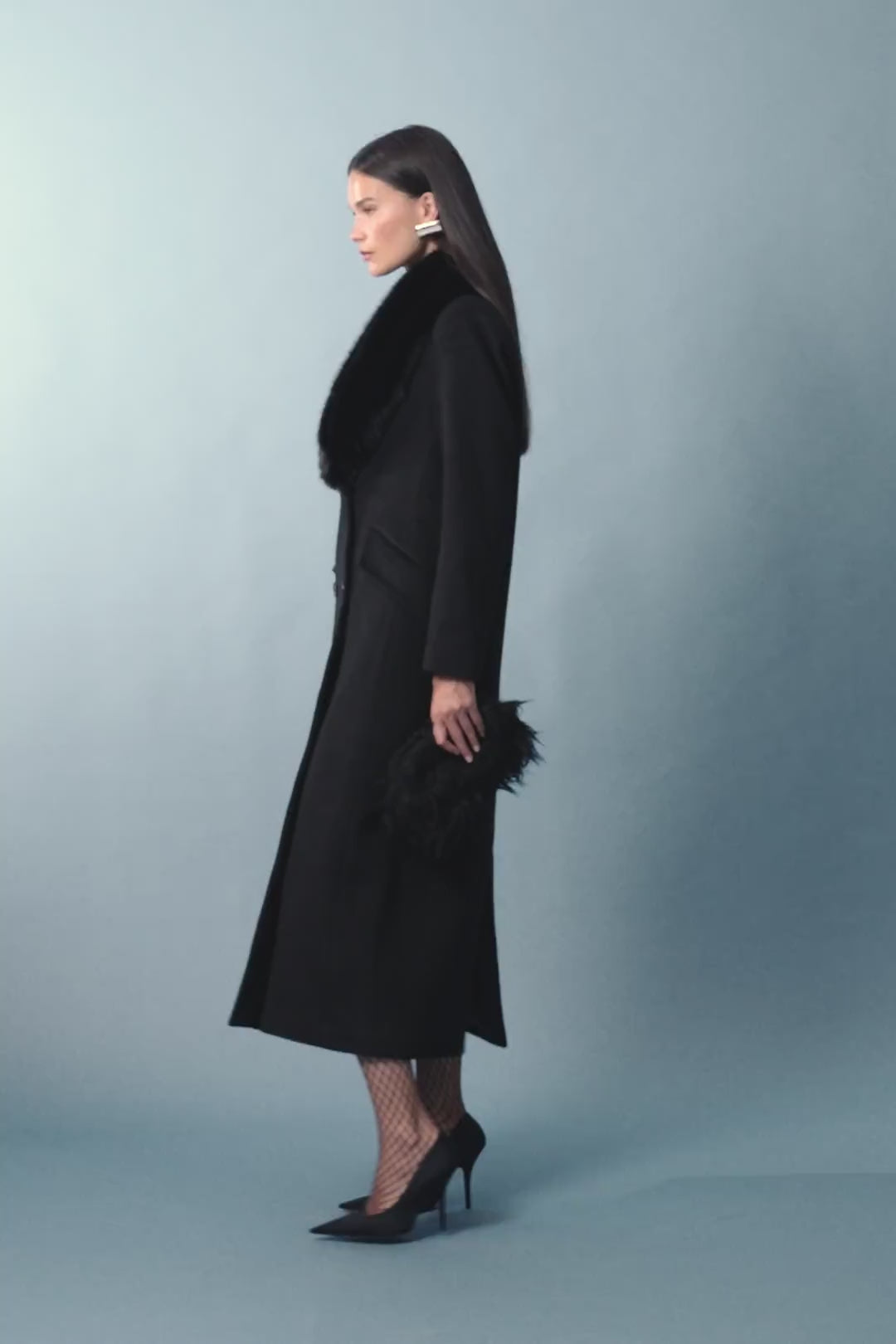 Andrea Coat - Mossman | Black Faux Fur Collar Longline Overcoat